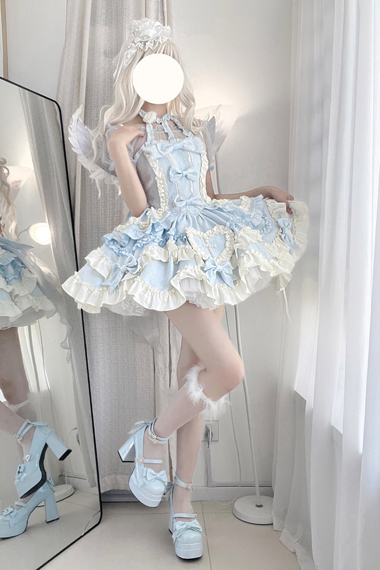 Blue Heart of Butterfly Halterneck Sleeveless Multi-Layer Ruffle Embroidery Princess Ballet JSK Dress Set