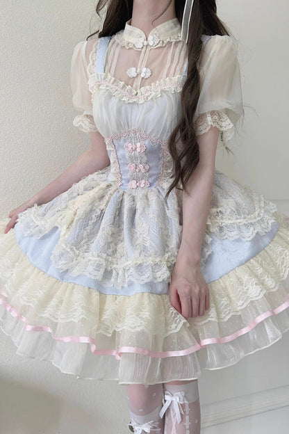 Flower Bud Halterneck Print Ruffle Lace Jsk - Chinese Ballet Lolita