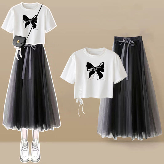 Drawstring Print Loose T-Shirt Tulle Skirt