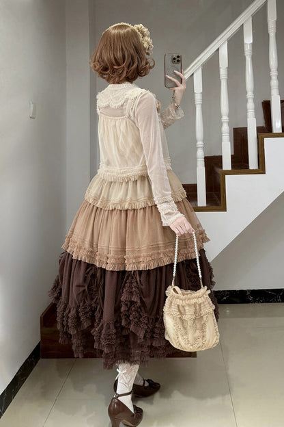 Sweet Stand Collar Long Sleeve Multi Layer Ruffle Color Block Lolita Tiered Dress 14 Colors