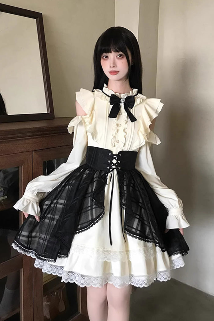 Black Beige Dark Chocolate Champagne Stand Collar Off Shoulder Long Sleeve Double Layer Ruffle Sweet Japanese Lolita Dress