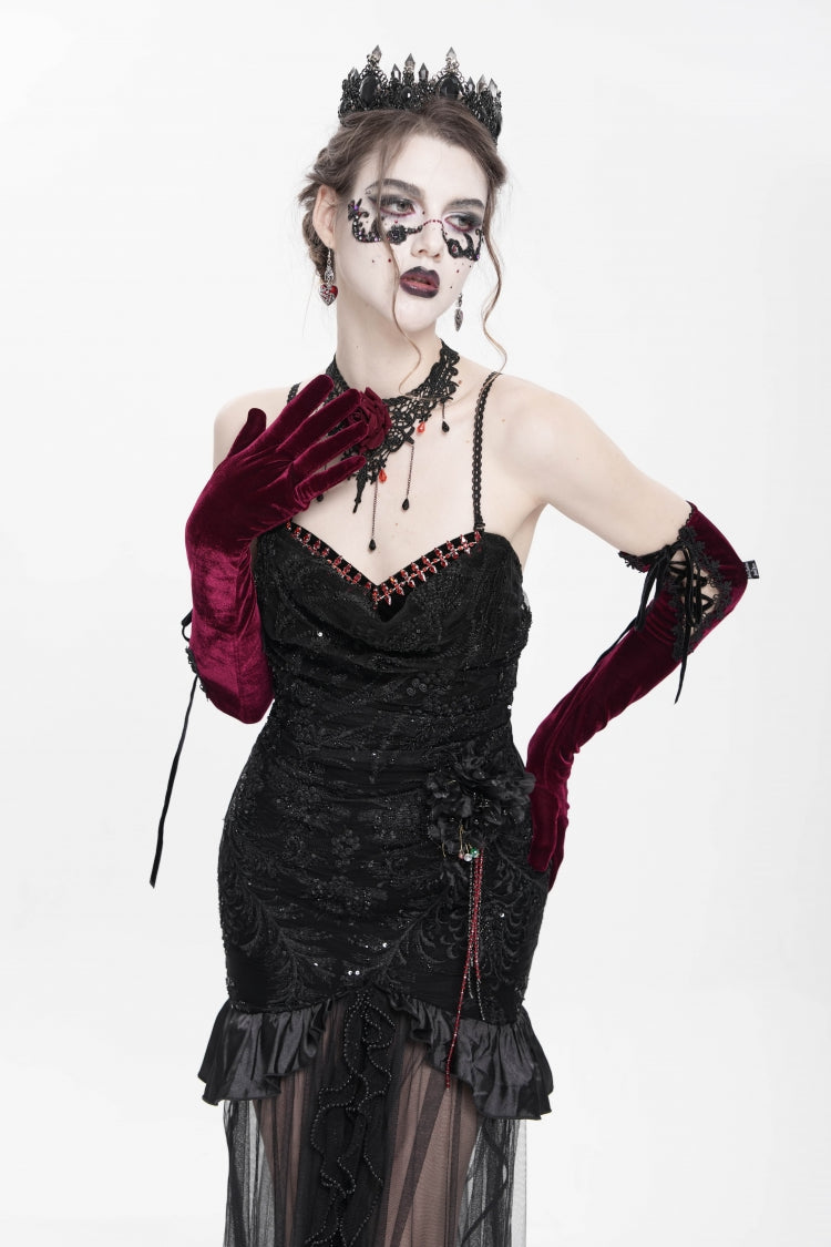 Floral Embroidery Mesh Hem Gothic Long Slip Dress