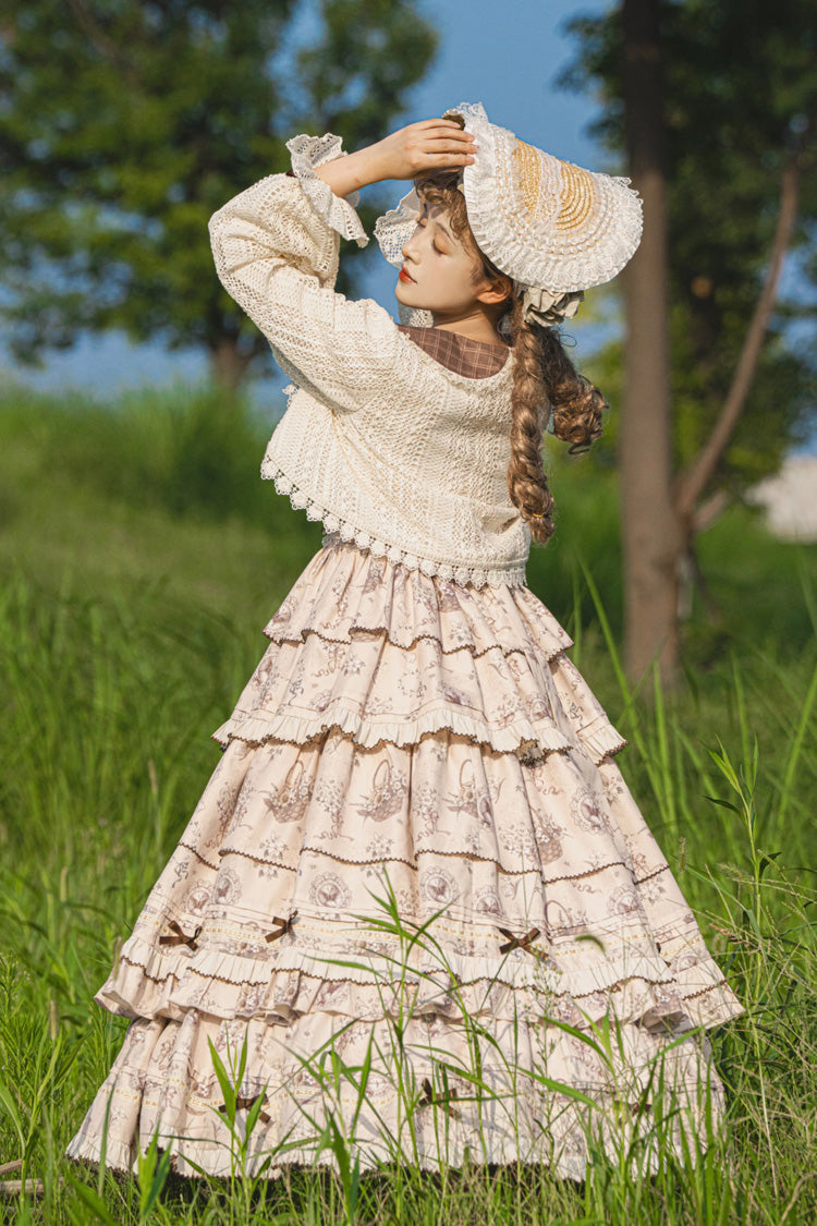 Evening Glam Multilayer Printed Ruffled Bow Laced Elegant Gown