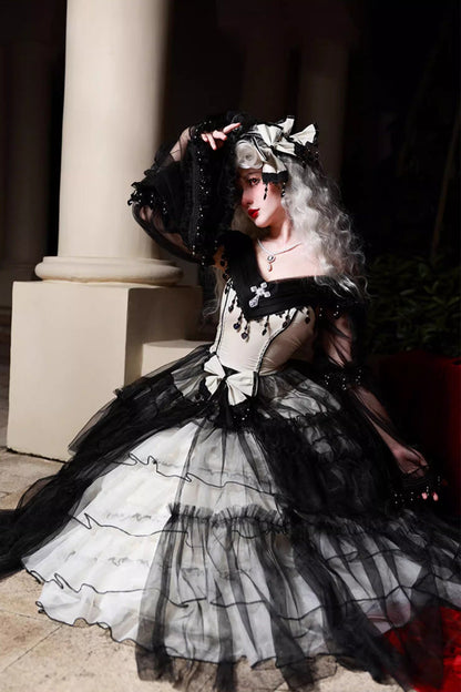 Black/White Ruffle Hanayome Lace Lace-Up Gothic Plus Size Lolita Jsk Dress (Long Version)