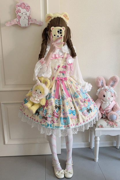 Sunny Bear Print Ruffled Bow Lace Princess JSK Outfit