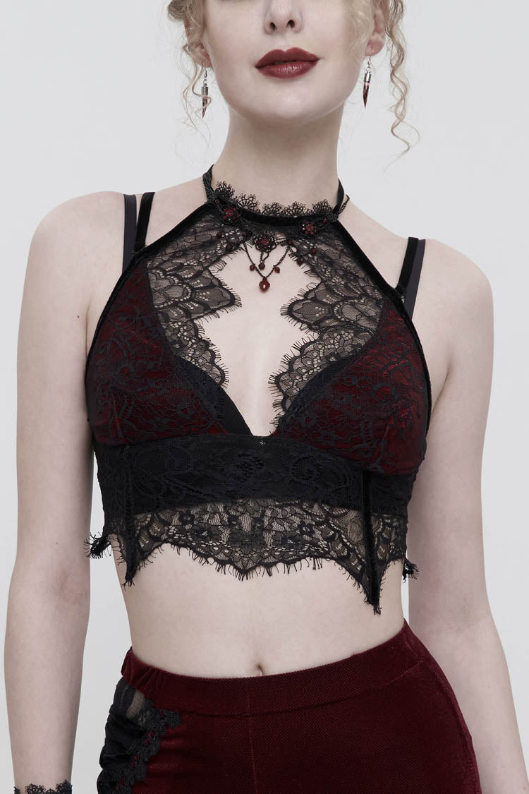 Velvet Chest Cutout Lace Hidden Side Zipper Sexy Gothic Halter Lingerie