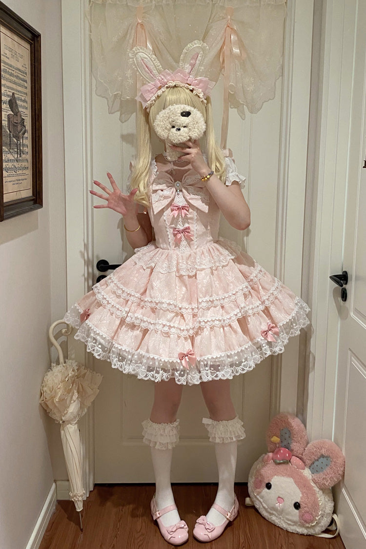 Pink Sweet Mist Cherry Romance Sleeveless Multi Layer Hanayome Bow Lace Lolita JSK