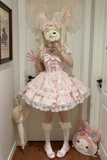 Pink Sweet Mist Cherry Romance Sleeveless Multi Layer Hanayome Bow Lace Lolita JSK
