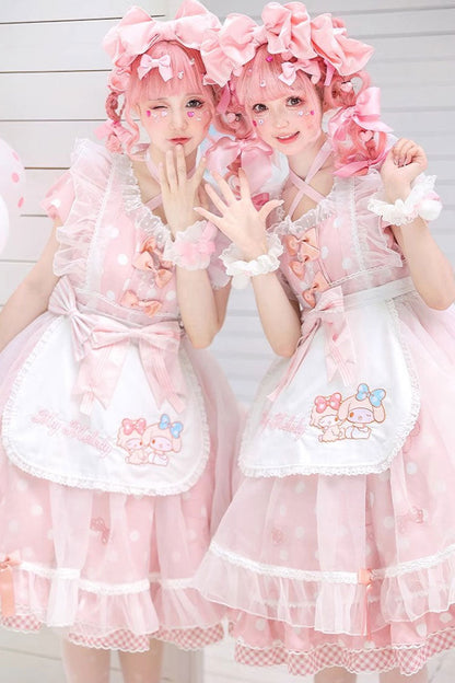 Pink Short Sleeves Melody Print Ruffle Bow Sweet Lolita Dress