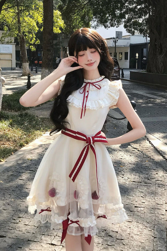 Ivory Strawberry Mousse Cake Stand Collar Sleeveless Mesh Ruffle Bow Lace Sweet Lolita Dress