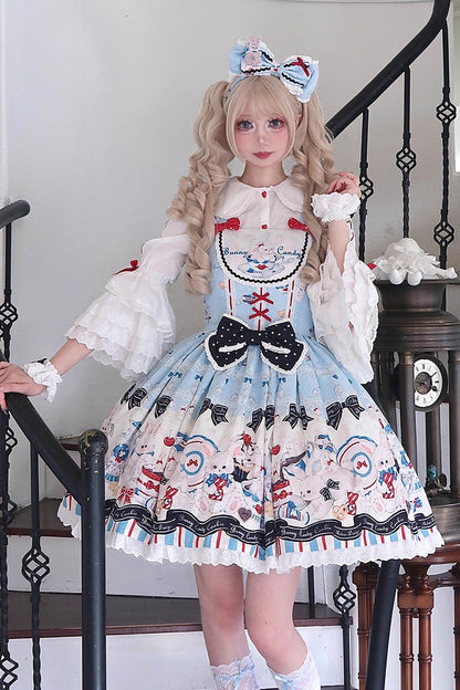 Sleeveless Ruffle Bow Lace JSK with Print