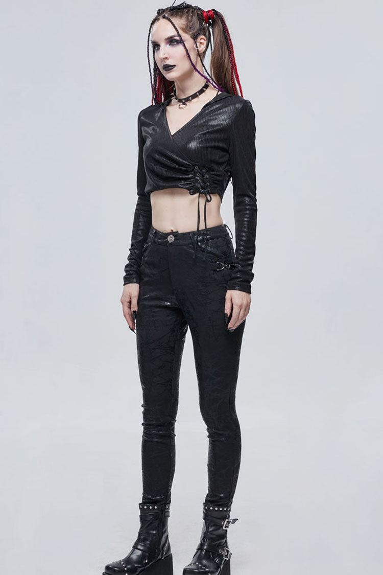 Morbid Metallic Buckle Accent Knit Faux Leather Leggings