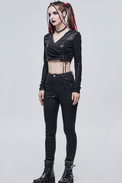 Morbid Metallic Buckle Accent Knit Faux Leather Leggings