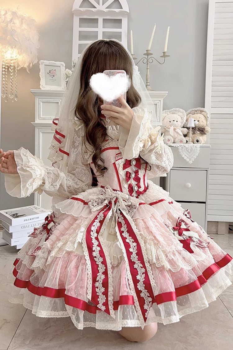 Rose Moonstone Sleeveless Ruffle Embroidery Bow Lace Fishbone Sweet Princess Gown