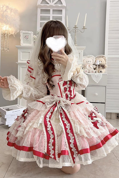 Rose Moonstone Sleeveless Ruffle Embroidery Bow Lace Fishbone Sweet Princess Gown