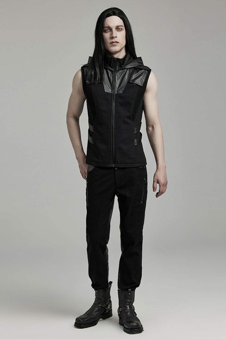 Men's Punk Hooded Vest with Black Stitching