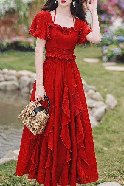 Red Square Collar Halter Short Sleeves High Waist Ruffle Gothic Vintage Lolita Long Skirt Set