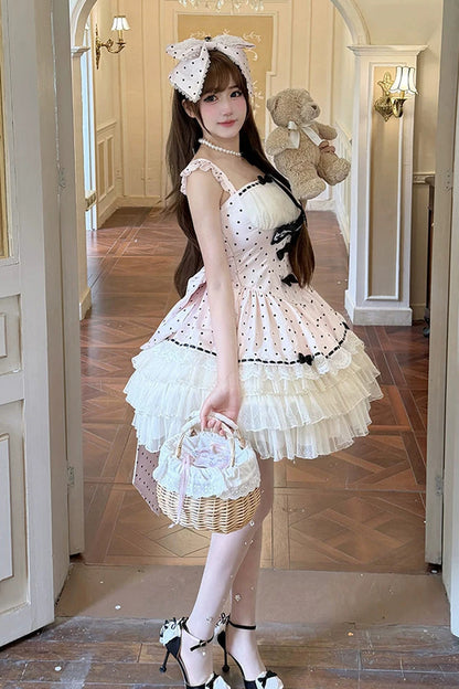 Rose Dot Waltz Square Neck Flutter Sleeve Triple Layer Printed Ruffle Bow JSK Dress