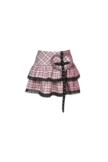 Pink Heart Plaid Double-Layer Ruffled Mini Skirt with Lace Hem