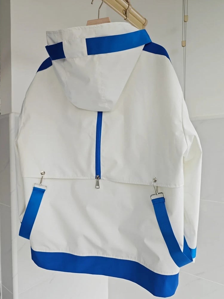 Blue and White Jirai Kei Techwear Straps Hooded Windbreaker Jacket