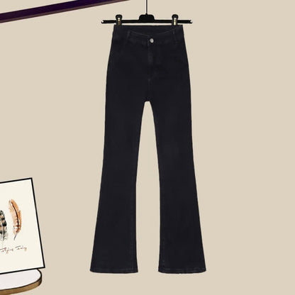 Denim Cardigan Sweater Lapel Shirt Pants Blue Letter Set