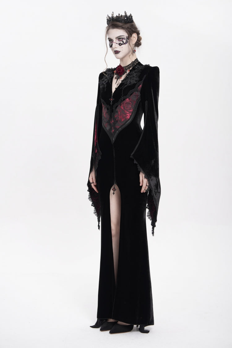 Trumpet Sleeve Floral Embroidered Velvet Gothic Dress