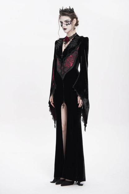Trumpet Sleeve Floral Embroidered Velvet Gothic Dress
