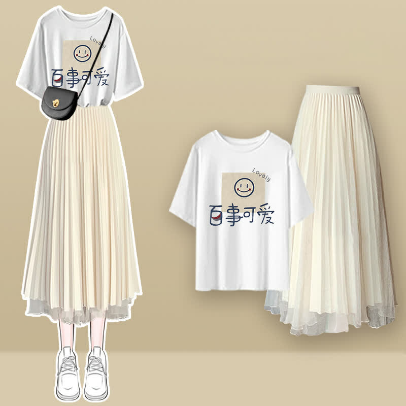 Print Cartoon Letter Tulle Pleated T-Shirt Bear Skirt