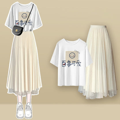 Print Cartoon Letter Tulle Pleated T-Shirt Bear Skirt