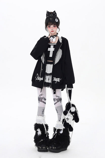 Striped Bunny Ear Hooded Heart Print Embroidery Coat Two Colors