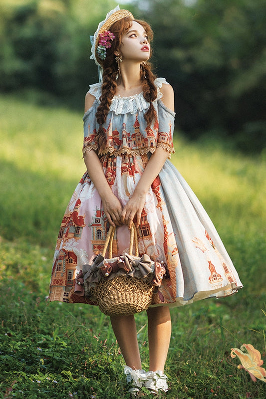 European Architecture Oil Painting Off-Shoulder Ribbon Lolita Dress