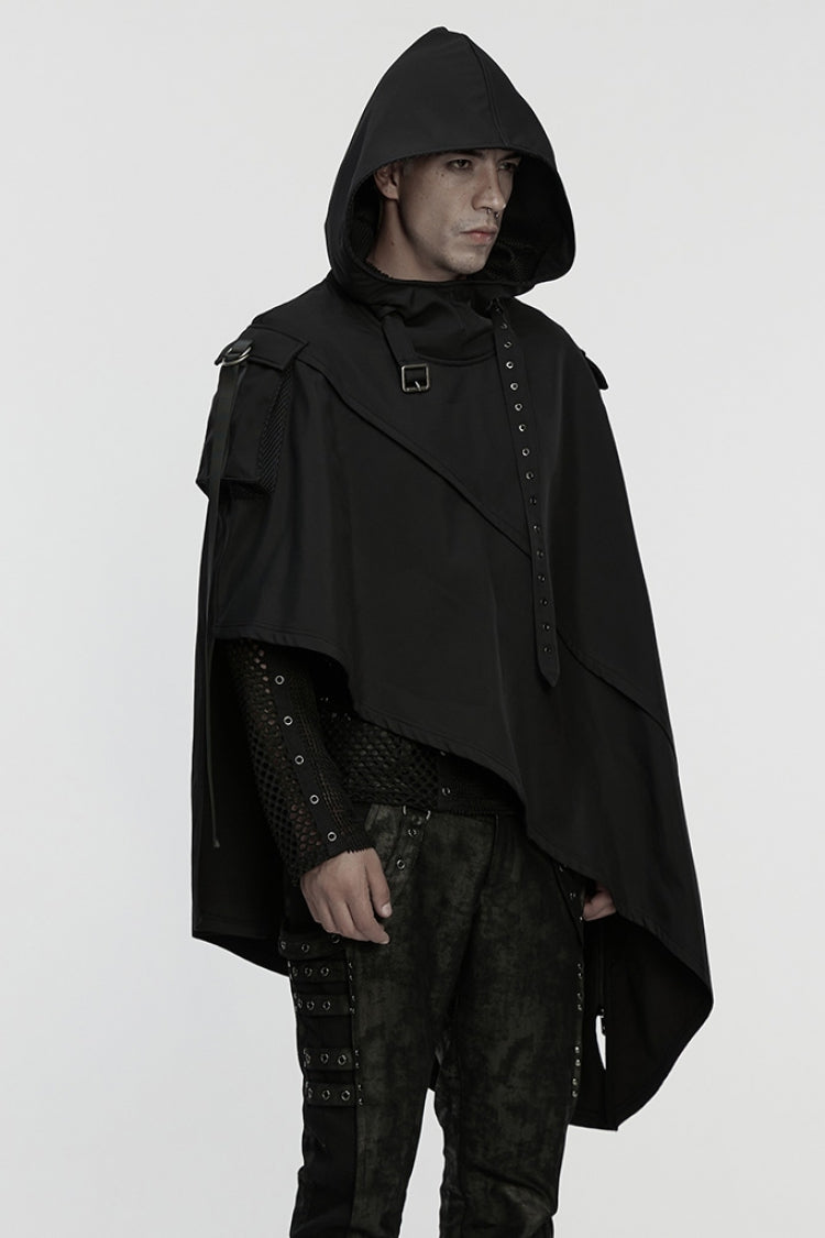 Buckle Strap Hooded Black Asymmetric Punk Cloak Men's