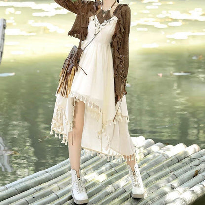 Two Pieces Slip Lace-up Vintage Dress Flounce Top