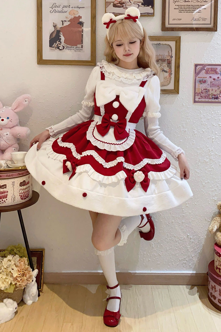 Sweet Lolita Cream Snow Cat Winter Ruffle Bowknot JSK Dress