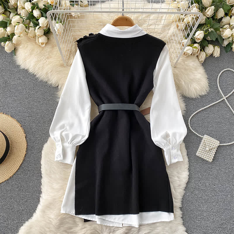 Ensemble chemise à revers et gilet en tricot fendu noir avec ceinture