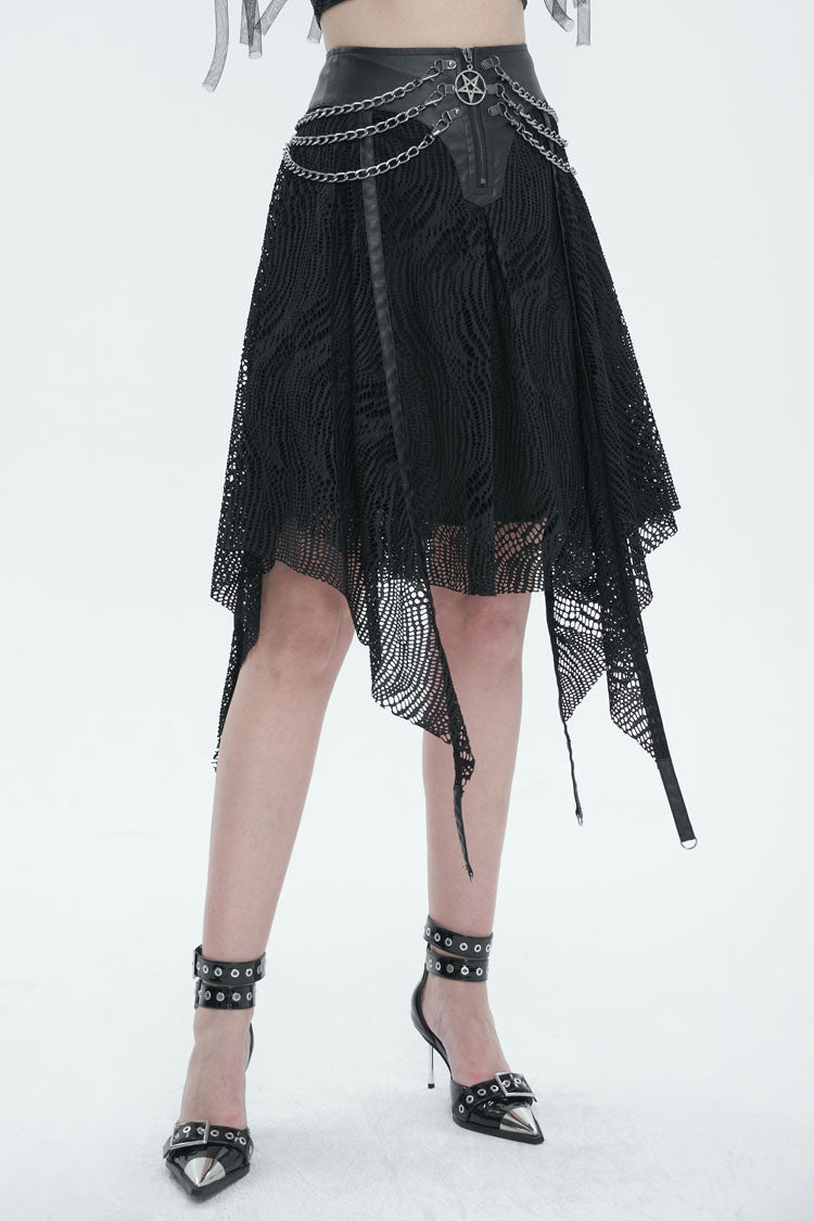 Half Hollow Knit Metal Chain Black Asymmetric Punk Skirt