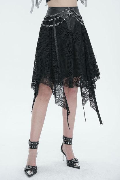 Half Hollow Knit Metal Chain Black Asymmetric Punk Skirt