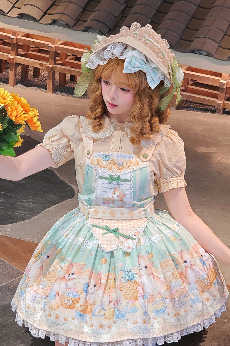 Emerald Pineapple Cat Print Sleeveless Bowknot Lace Sweet Lolita Strap Dress