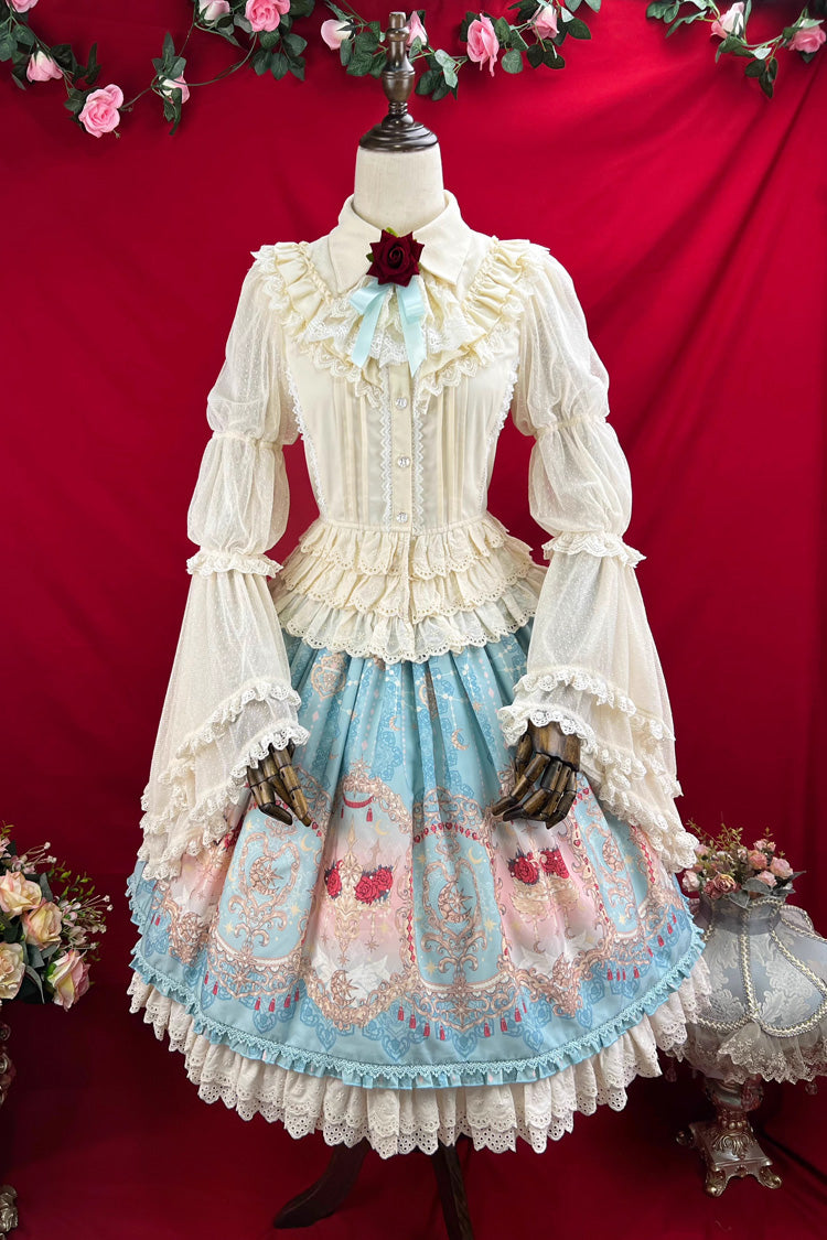 Ruffle-Embroidered Palace Skirt with Lace and Print