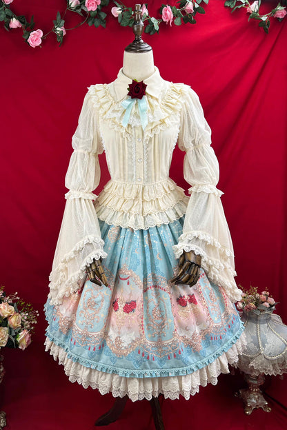Ruffle-Embroidered Palace Skirt with Lace and Print