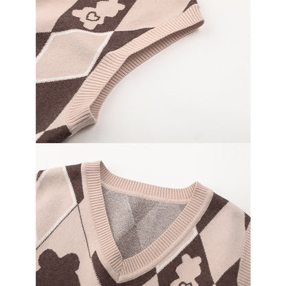 Suit Bear Print Cute Waist Lapel Vest Shirt Pants High