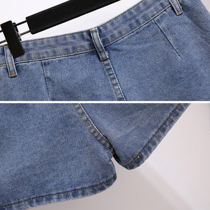 T-Shirt Stripe Pieces Denim Fake Pocketed Shorts Two Lapel