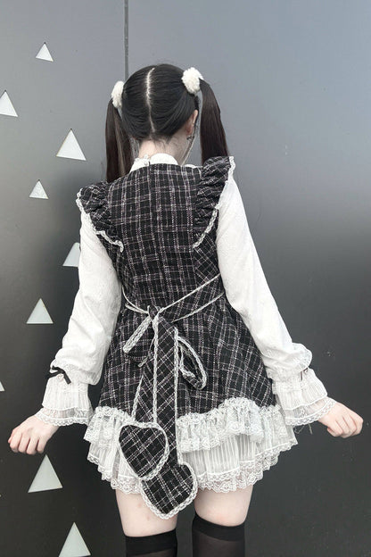 Lunar Eclipse Doll Plaid Printed Ruffled Bow Lace Sweet Jirai Kei Japanese Dress Shorts Set