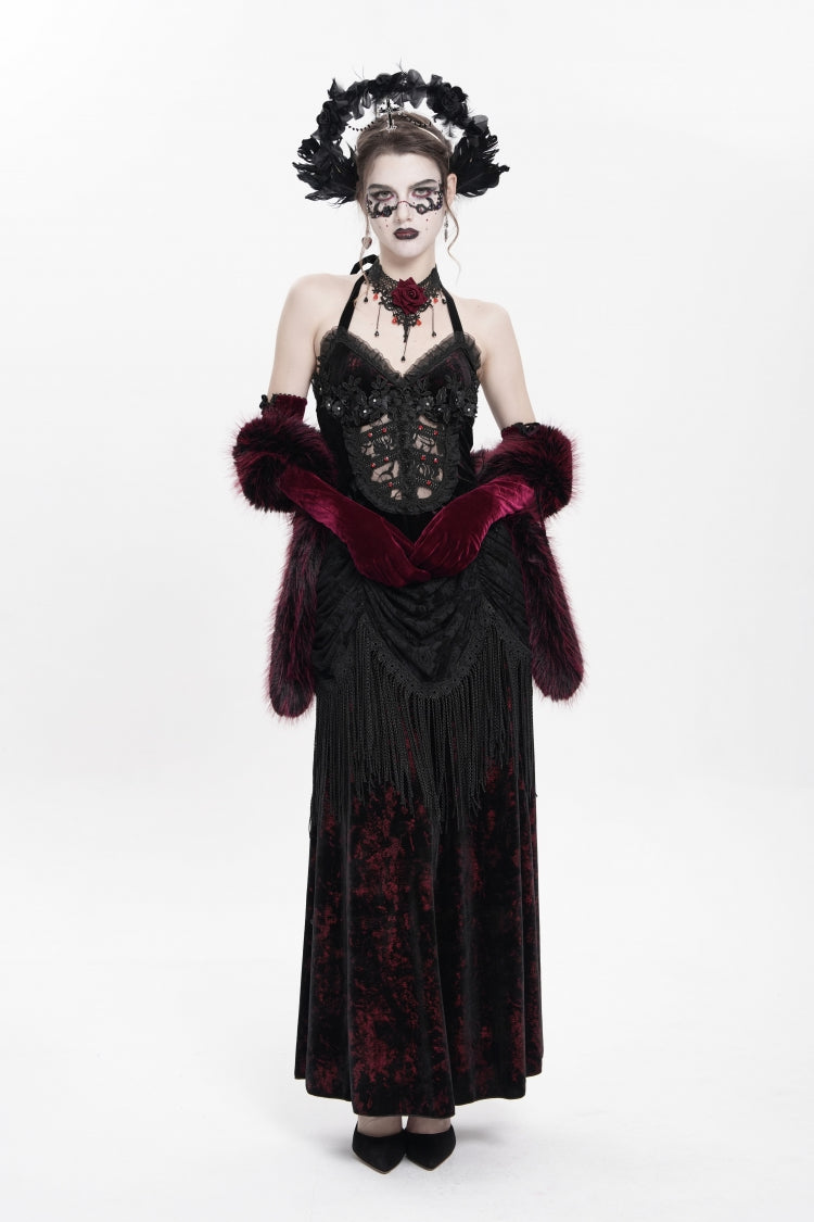 Sleeveless Hollow Floral Lace-Up Pleated Gothic Maxi Dress