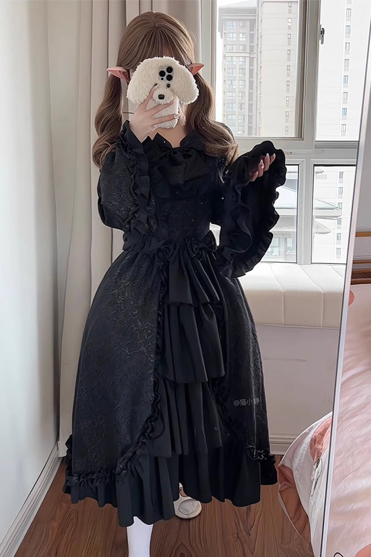 Ebony Long Hime Sleeves Layered Ruffle Cardigan Bow Gothic Plus Size Dress