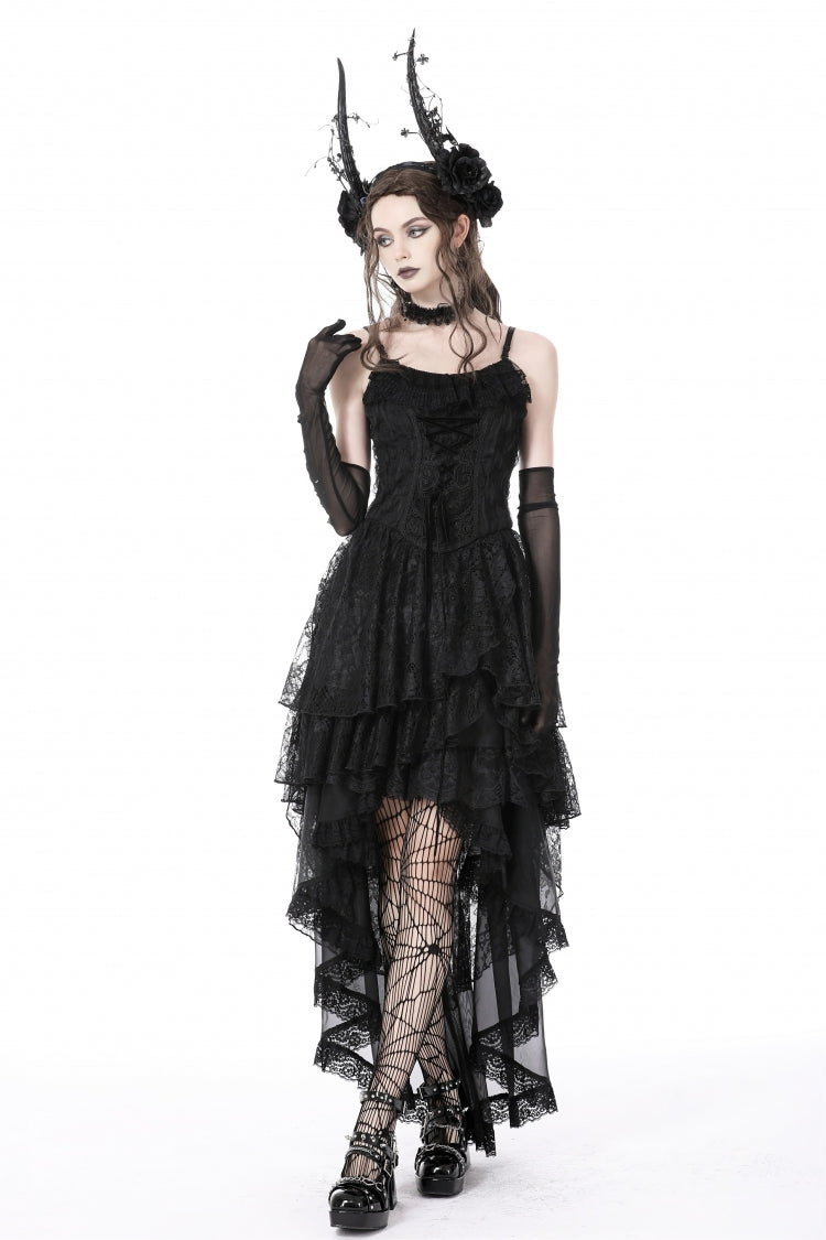 High-Low Multi-Layer Lace Gothic Slip Dress with Lacing - NoirEdge
