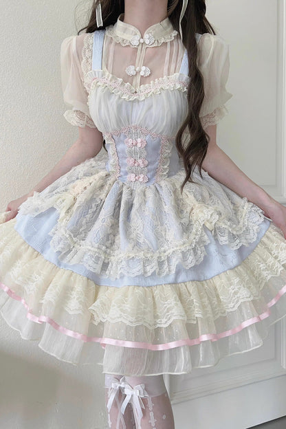 Flower Bud Halterneck Print Ruffle Lace Jsk - Chinese Ballet Lolita