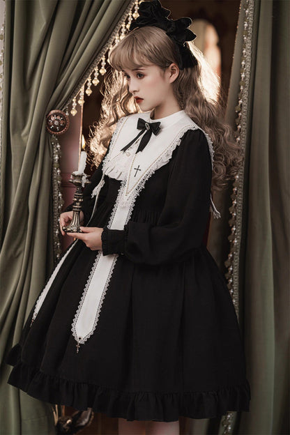 Classic Gothic Elegant Nun Dress with Long Sleeves and Ruffled Bow