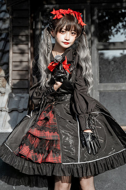 Black Zippered Gothic Lolita JSK Dress with Ruffled Multi-Layer Cardigan
