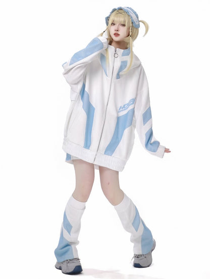 White and Blue Mesh Splicing Zip Hoodie Tenshi Kaiwai Sweatshirt